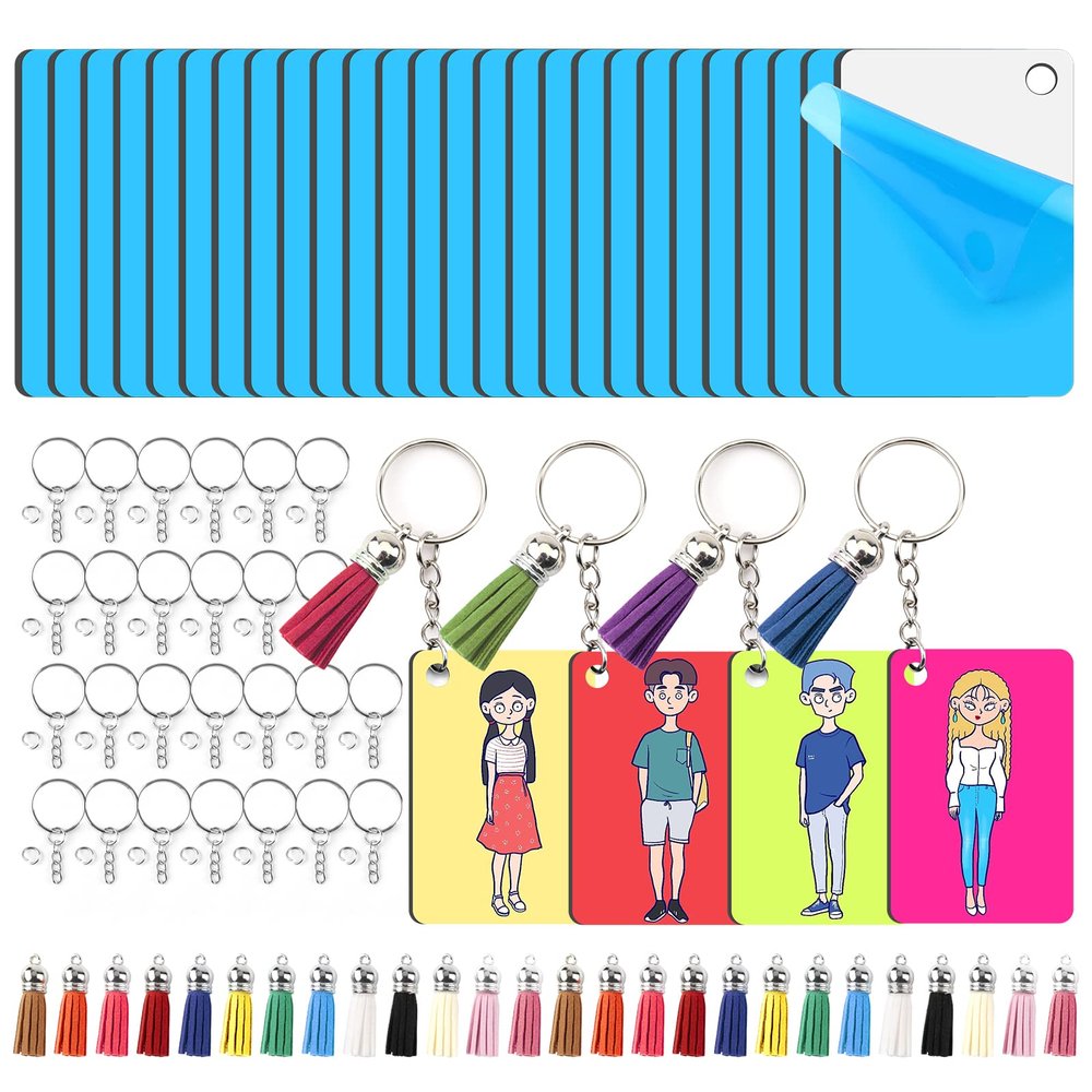 HTVRONT Sublimation Keychain Blanks - 120Pcs with Blue Protective Film - MDF Rectangle Keychain with Tassels - Heat Transfer Double Sided