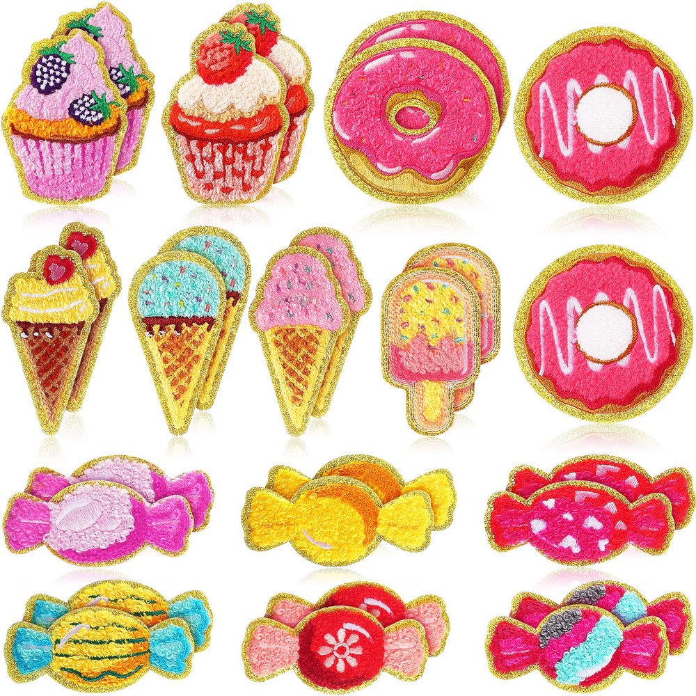 WILLBOND 28 Pcs Dessert Theme Chenille Patches, Self Adhesive Cute Ice Cream Candy Stickers for Crafts, Notebook Decorations, Party Setups, Stationery DIY, Baking-Themed Parties Girls Women Gifts