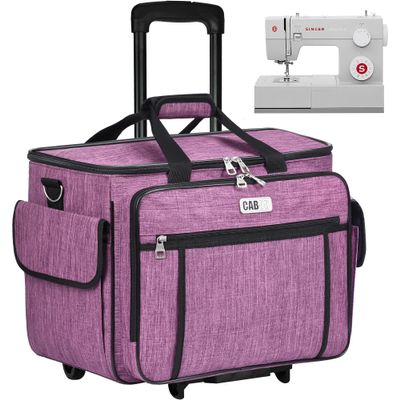 CAB55 Rolling Sewing Machine Case, Detachable Rolling Sewing Machine Carrying Case on Wheels, Trolley Tote Bag with Removable Bottom Wooden Board for Most Standard Sewing Machine -Purple