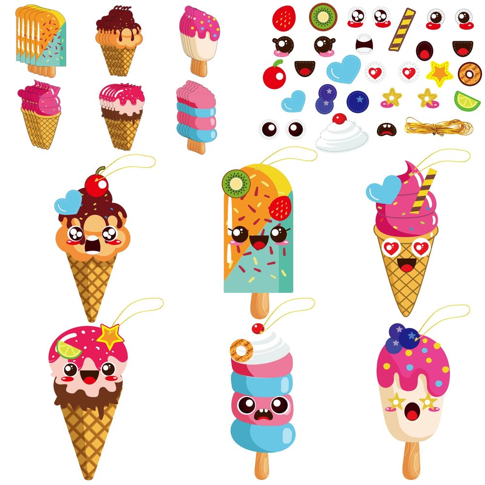 chiazllta 30 Packs Summer Ice Cream Craft Kits for Sweets DIY Sticker Art Craft Set for Early Home Day-Care Fun Game Activities Summer Party Favors