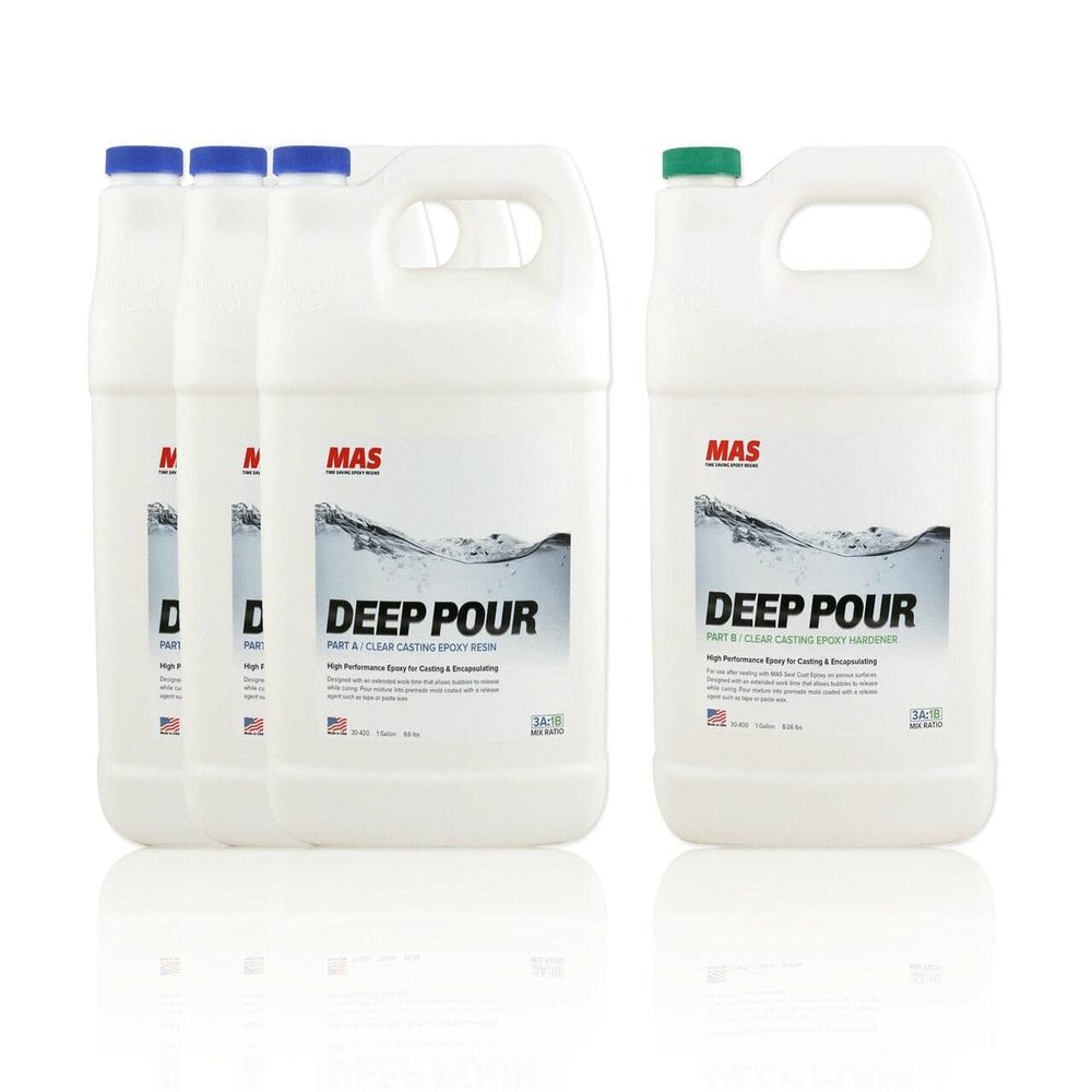 MAS Epoxies Epoxy Resin Kit 4-Gallon (3-Gal Resin and 1-Gal Hardener) Crystal Clear, Slow Curing, Deep Pour for Casting, River Tables, Encapsulating, Live Edge Slabs, Molds, Filling Voids, Cracks