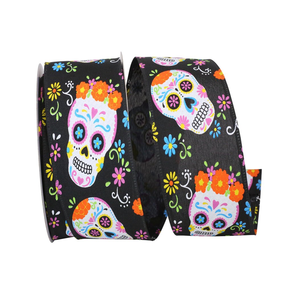 Ribbon - Day of The Dead Bright Skulls Wired Edge Ribbon, Black, 2-1/2 Inch, 10 Yards