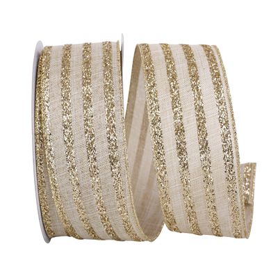 Ribbon - Glitter Stripes Linen Wired Edge Ribbon, Natural/Gold, 2-1/2 Inch, 10 Yards