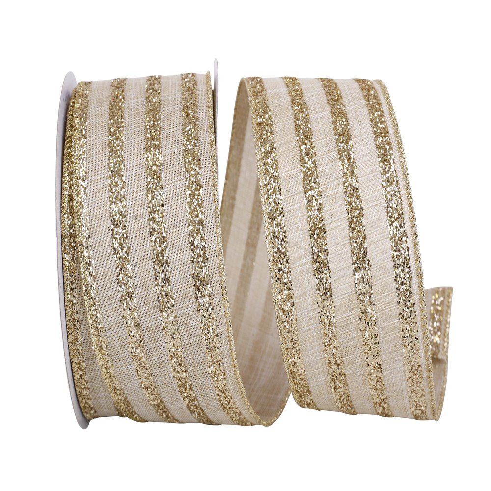 Ribbon - Glitter Stripes Linen Wired Edge Ribbon, Natural/Gold, 2-1/2 Inch, 10 Yards