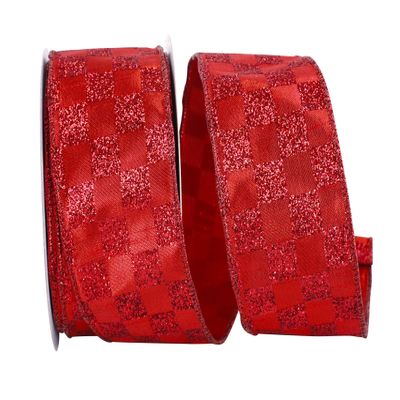 Ribbon - Glitter Check Metallic Shine Wired Edge Ribbon, Red, 2-1/2 Inch, 10 Yards