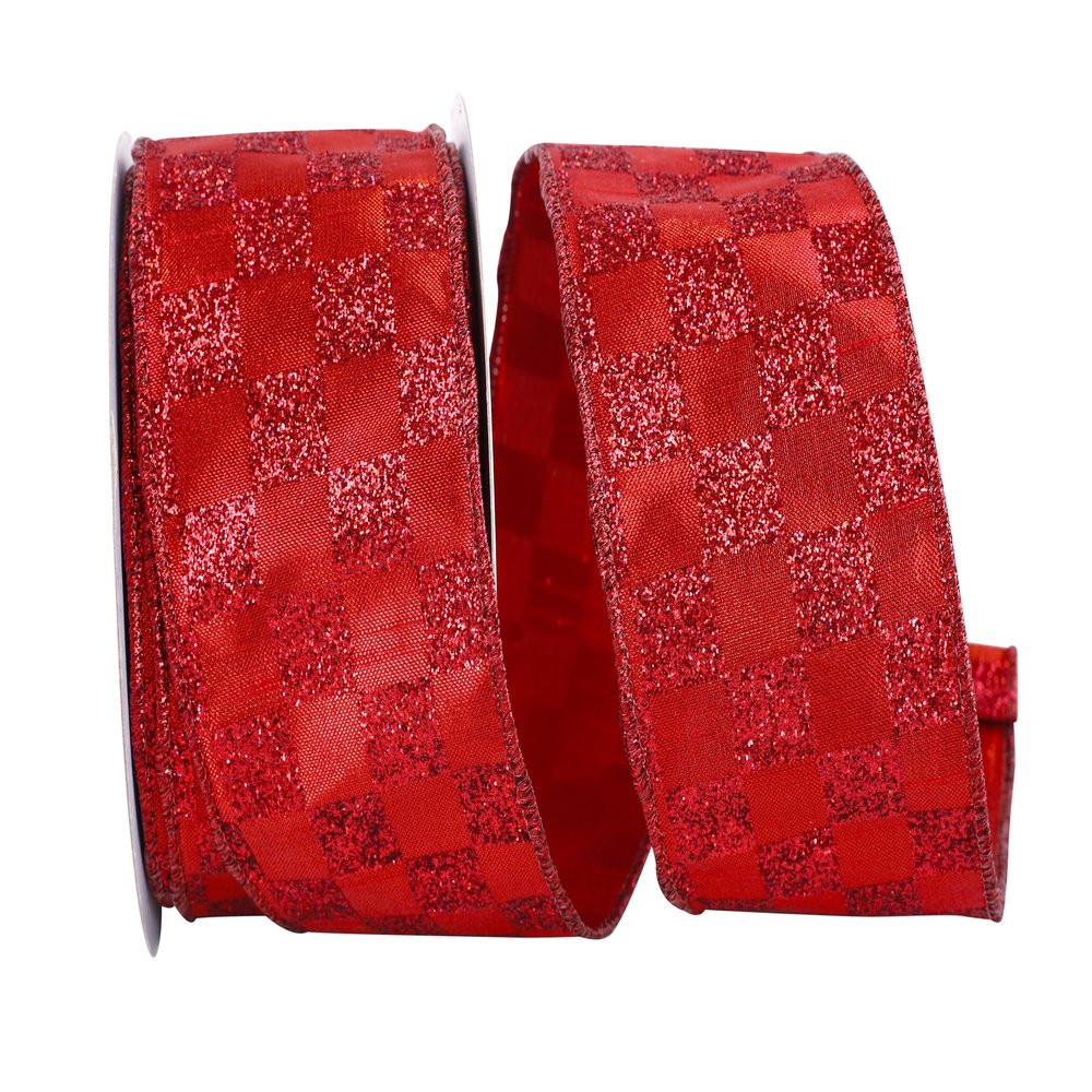 Ribbon - Glitter Check Metallic Shine Wired Edge Ribbon, Red, 2-1/2 Inch, 10 Yards