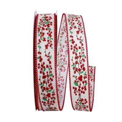 Reliant Ribbon 93657W-036-09H Holly Berry Branches Linen Wired Edge Ribbon, 1-1/2 Inch X 20 Yards, White/red