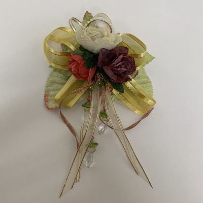 Zaer Ltd. Bulk Pack of 96 Units, 3-Artificial Roses on Ribbon and Leaf Base with Acrylic Bead Tassels, Arts and Crafts Supplies (Large Size (About 4.25" Wide) (Pack of 96 Pieces))
