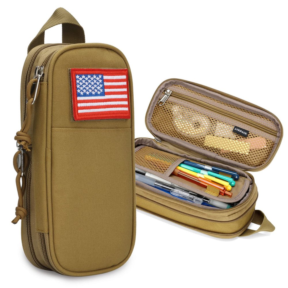 ATRIPACK Pencil Case Big Capacity High Large Storage Tactical Small Tool Pouch Bag Marker Pen Case Stationery Bag Travel Holder School College Office Organizer for Kids Men Women Adult Teens (Brown)