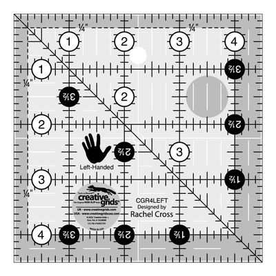 Creative Grids Quilt Ruler 4-1/2in x 4-1/2in Square CGR4LEFT Made in USA, Non-Slip Grip Acrylic Quilting, Sewing, Crafting, Patchwork Ruler for Measuring & Cutting Fabric