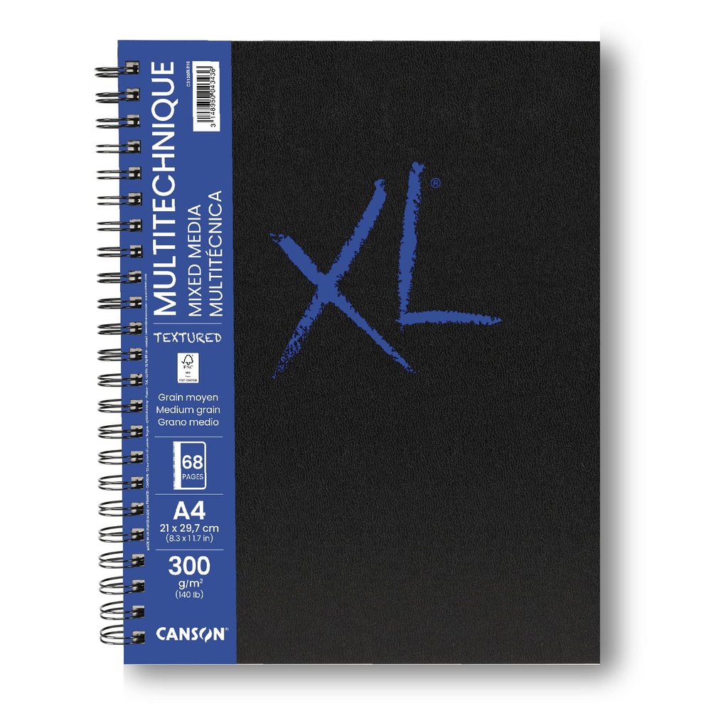 CANSON XL Textured Mixed Media 300gsm A4 Paper, Medium Grain, Spiral Pad Long Side, 34 White Sheets, Ideal for Professional Artists & Students