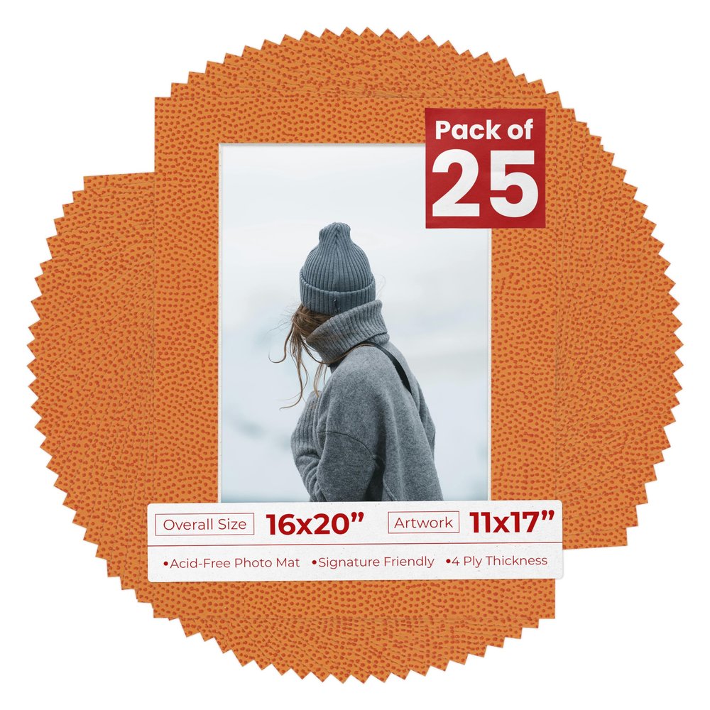 16x20 Mat for 11x17 Photo - Precut Basketball Texture Picture Matboard for Frames 16 x 20 Inches - Bevel Cut to Display Art 11 x 17 - Acid Free Pack of 25 MATS with Backing Boards & Clear Bags