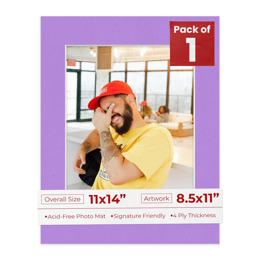 11x14 Mat for 8.5x11 Photo - Precut Light Purple Picture Matboard for Frames Measuring 11 x 14 Inches - Bevel Cut to Display Art 8.5 x 11 Inches - Acid Free ONE MAT with Backing Board & Clear Bag