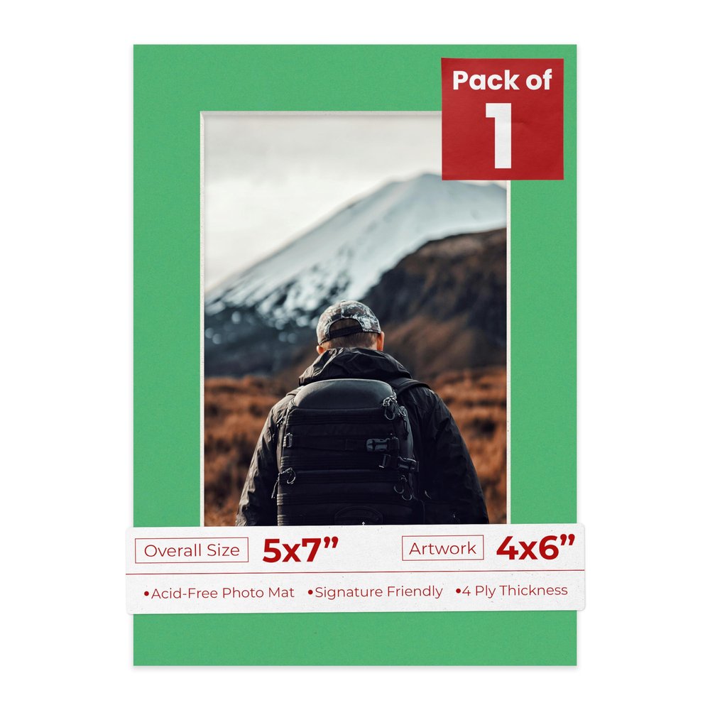 5x7 Mat for 4x6 Photo - Precut Bright Green Picture Matboard for Frames Measuring 5 x 7 Inches - Bevel Cut to Display Art Measuring 4 x 6 Inches - Acid Free ONE MAT with Backing Board & Clear Bag