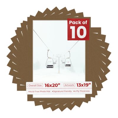 16x20 Mat for 13x19 Photo - Precut Aged Oak Brown Picture Matboard for Frames 16 x 20 Inches - Bevel Cut to Display Art 13 x 19 Inches - Acid Free Pack of 10 MATS with Backing Boards & Clear Bags