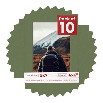 5x7 Mat for 4x6 Photo - Precut Dill Green Picture Matboard for Frames Measuring 5 x 7 Inches - Bevel Cut Matte to Display Art 4 x 6 Inches - Acid Free Pack of 10 MATS with Backing Boards & Clear Bags