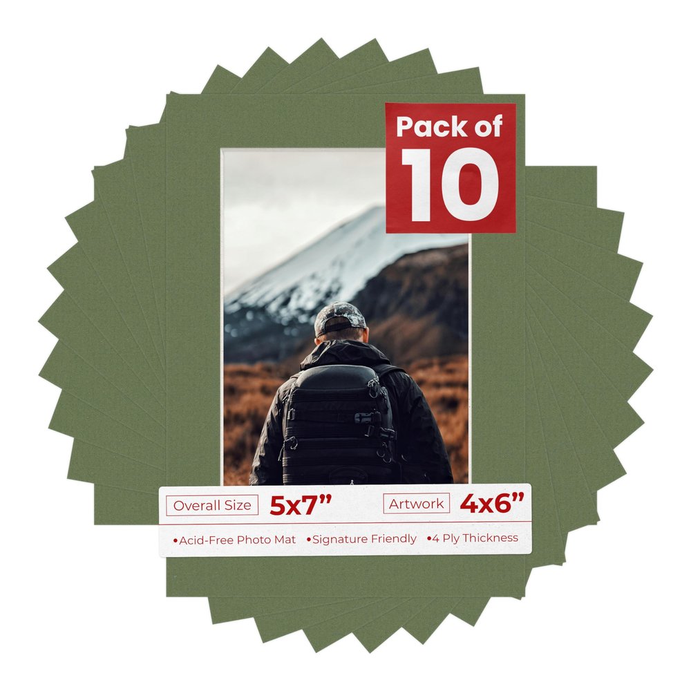 5x7 Mat for 4x6 Photo - Precut Dill Green Picture Matboard for Frames Measuring 5 x 7 Inches - Bevel Cut Matte to Display Art 4 x 6 Inches - Acid Free Pack of 10 MATS with Backing Boards & Clear Bags