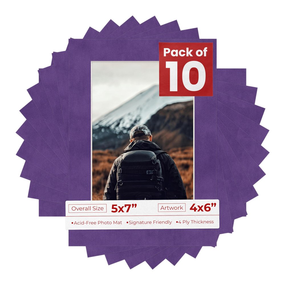 5x7 Mat for 4x6 Photo - Precut Purple Crocus Suede Picture Matboard for Frames Measuring 5 x 7 Inches - Bevel Cut Matte to Display Art Measuring 4 x 6 Inches - Acid Free Pack of TEN MATS