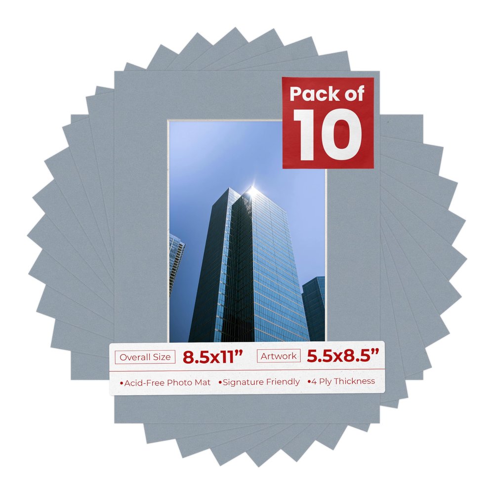 8.5x11 Mat for 5.5x8.5 Photo - Precut Mid Grey Picture Matboard for Frames Measuring 8.5 x 11 Inches - Bevel Cut Matte to Display Art Measuring 5.5 x 8.5 Inches - Acid Free Pack of TEN MATS
