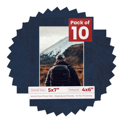 5x7 Mat for 4x6 Photo - Precut Navy Suede Picture Matboard for Frames Measuring 5 x 7 Inches - Bevel Cut Matte to Display Art 4 x 6 Inches - Acid Free Pack of 10 MATS with Backing Boards & Clear Bags