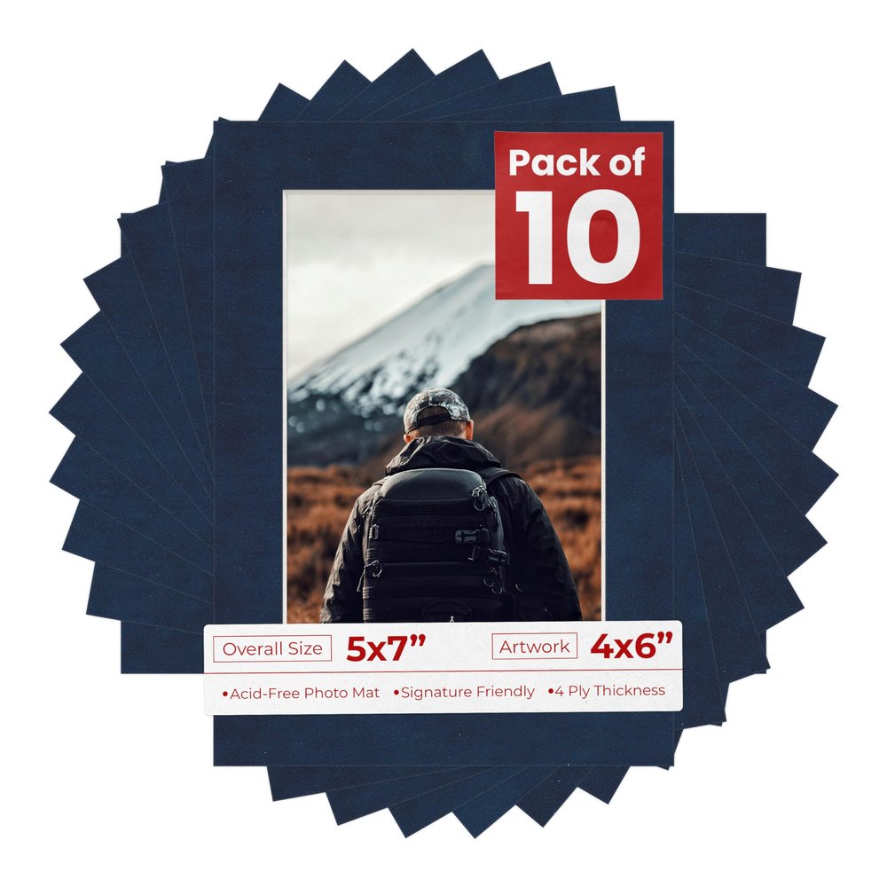5x7 Mat for 4x6 Photo - Precut Navy Suede Picture Matboard for Frames Measuring 5 x 7 Inches - Bevel Cut Matte to Display Art 4 x 6 Inches - Acid Free Pack of 10 MATS with Backing Boards & Clear Bags