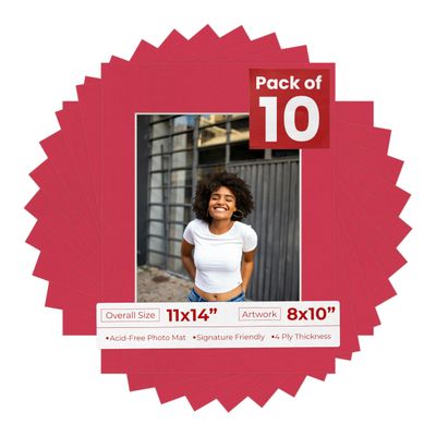 11x14 Mat for 8x10 Photo - Precut Deep Red Picture Matboard for Frames 11 x 14 Inches - Bevel Cut Matte to Display Art 8 x 10 Inches - Acid Free Pack of 10 MATS with Backing Boards & Clear Bags