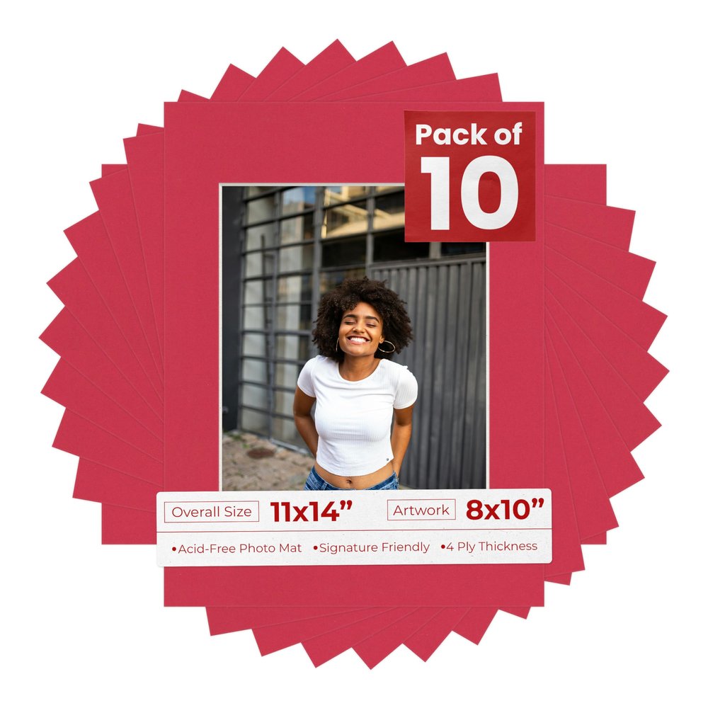 11x14 Mat for 8x10 Photo - Precut Deep Red Picture Matboard for Frames 11 x 14 Inches - Bevel Cut Matte to Display Art 8 x 10 Inches - Acid Free Pack of 10 MATS with Backing Boards & Clear Bags