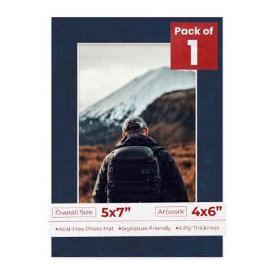 5x7 Mat for 4x6 Photo - Precut Navy Suede Picture Matboard for Frames Measuring 5 x 7 Inches - Bevel Cut Matte to Display Art Measuring 4 x 6 Inches - Acid Free ONE MAT with Backing Board & Clear Bag