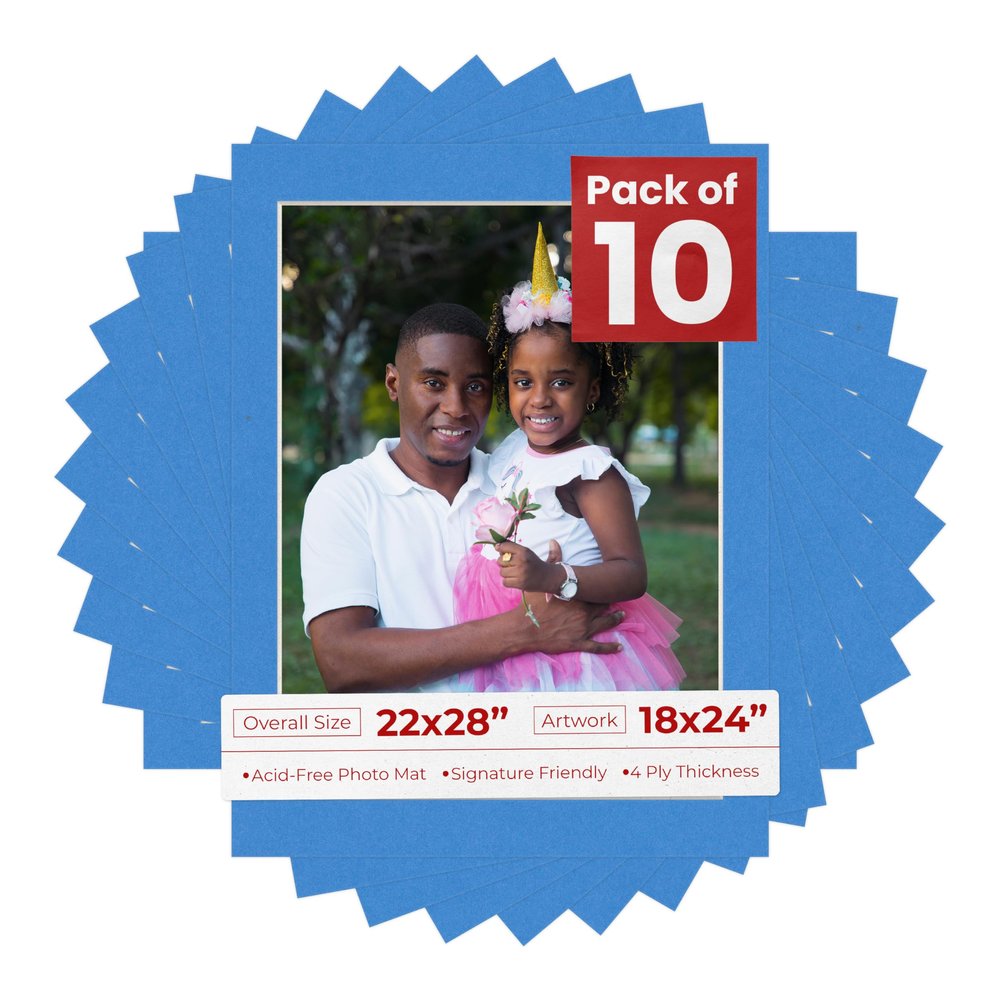 Poster Palooza 22x28 Mat for 18x24 Photo - Precut Bay Blue Picture Matboard for Frames Measuring 22 x 28 Inches - Bevel Cut Matte to Display Art Measuring 18 x 24 Inches - Acid Free Pack of TEN MATS