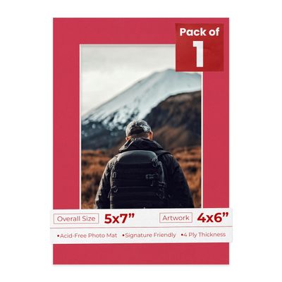 5x7 Mat for 4x6 Photo - Precut Deep Red Picture Matboard for Frames Measuring 5 x 7 Inches - Bevel Cut Matte to Display Art Measuring 4 x 6 Inches - Acid Free ONE MAT with Backing Board & Clear Bag