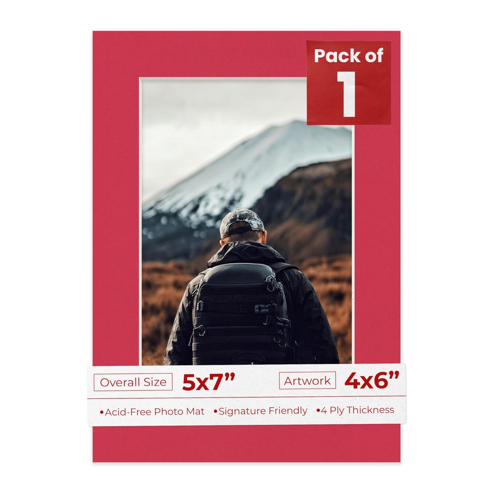 5x7 Mat for 4x6 Photo - Precut Deep Red Picture Matboard for Frames Measuring 5 x 7 Inches - Bevel Cut Matte to Display Art Measuring 4 x 6 Inches - Acid Free ONE MAT with Backing Board & Clear Bag