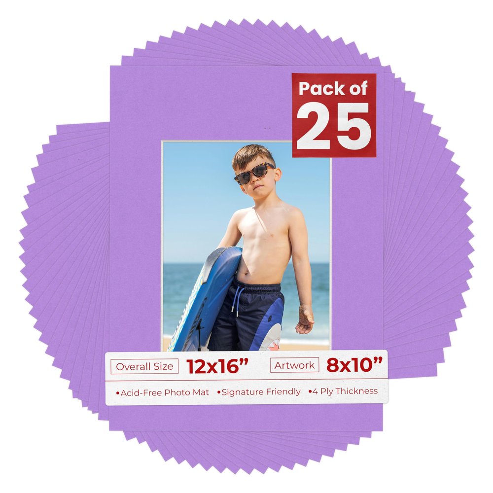 12x16 Mat for 8x10 Photo - Precut Light Purple Picture Matboard for Frames 12 x 16 Inches - Bevel Cut Matte to Display Art 8 x 10 Inches - Acid Free Pack of 25 MATS with Backing Boards & Clear Bags