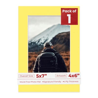 5x7 Mat for 4x6 Photo - Precut Yellow Picture Matboard for Frames Measuring 5 x 7 Inches - Bevel Cut Matte to Display Art Measuring 4 x 6 Inches - Acid Free ONE MAT with Backing Board & Clear Bag