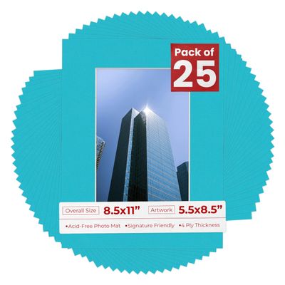 8.5x11 Mat for 5.5x8.5 Photo - Precut Aquamarine Blue Picture Matboard for Frames 8.5 x 11 Inches - Bevel Cut to Display Art 5.5 x 8.5 - Acid Free Pack of 25 MATS with Backing Boards & Clear Bags