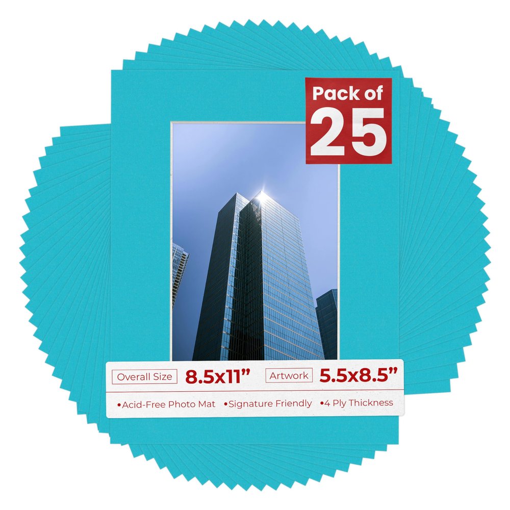 8.5x11 Mat for 5.5x8.5 Photo - Precut Aquamarine Blue Picture Matboard for Frames 8.5 x 11 Inches - Bevel Cut to Display Art 5.5 x 8.5 - Acid Free Pack of 25 MATS with Backing Boards & Clear Bags