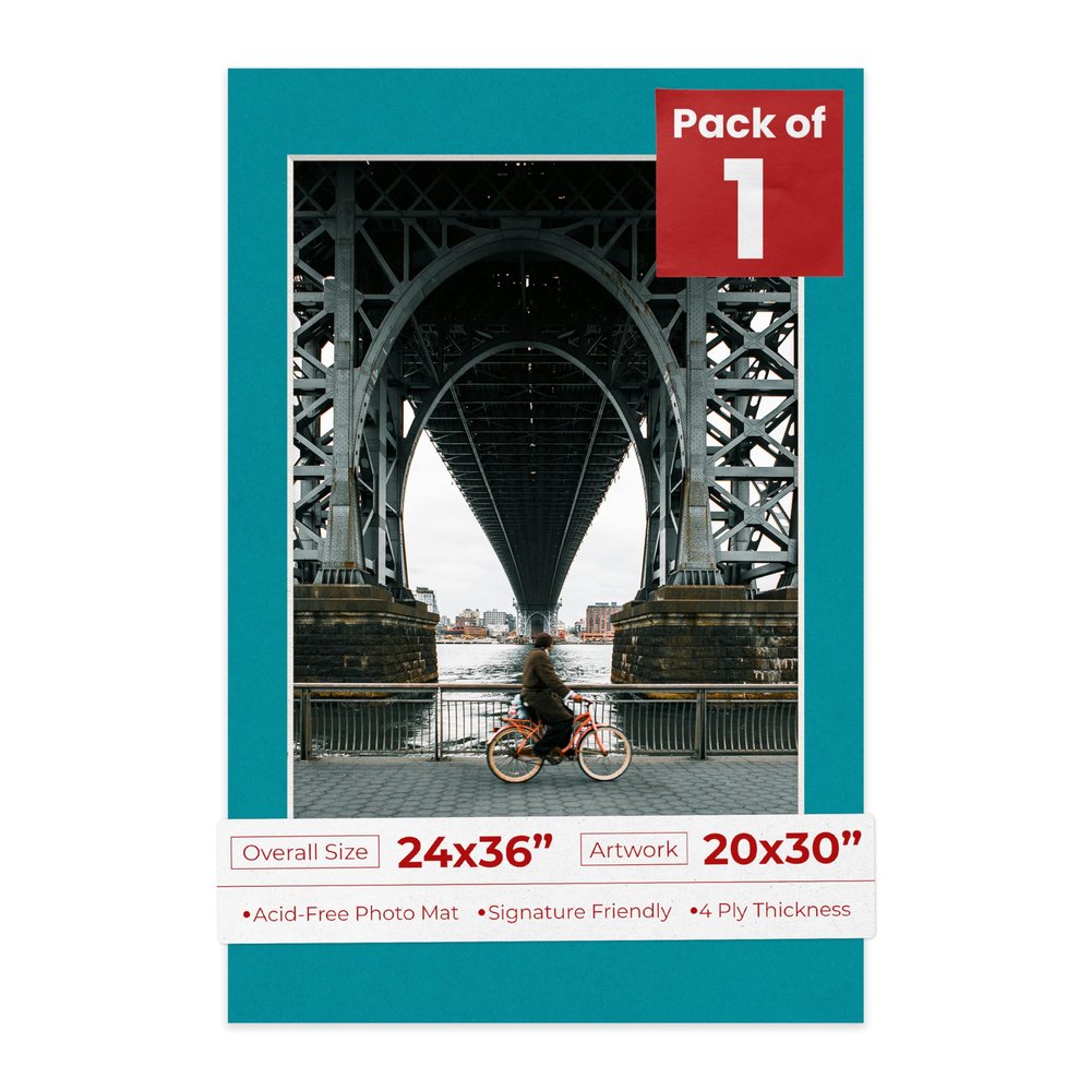 24x36 Mat for 20x30 Photo - Precut Teal Blue Picture Matboard for Frames Measuring 24 x 36 Inches - Bevel Cut Matte to Display Art 20 x 30 Inches - Acid Free ONE MAT with Backing Board & Clear Bag