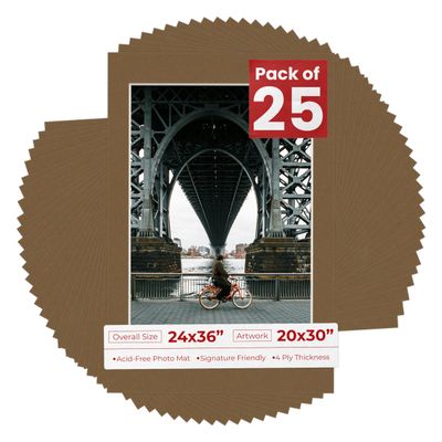 24x36 Mat for 20x30 Photo - Precut Aged Oak Brown Picture Matboard for Frames 24 x 36 Inches - Bevel Cut to Display Art 20 x 30 Inches - Acid Free Pack of 25 MATS with Backing Boards & Clear Bags