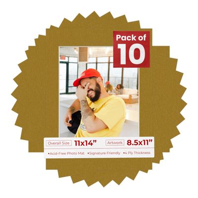 11x14 Mat for 8.5x11 Photo - Precut Metallic Gold Picture Matboard for Frames Measuring 11 x 14 Inches - Bevel Cut Matte to Display Art Measuring 8.5 x 11 Inches - Acid Free Pack of TEN MATS