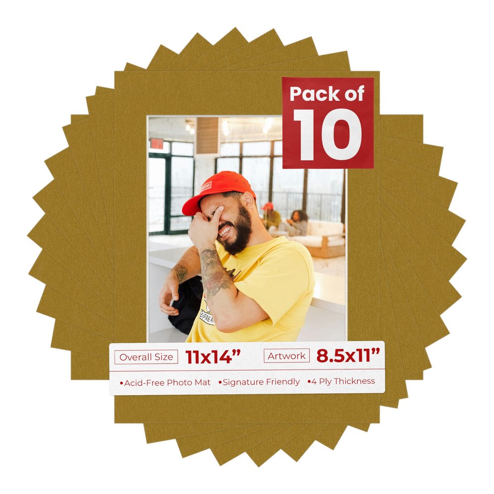 11x14 Mat for 8.5x11 Photo - Precut Metallic Gold Picture Matboard for Frames Measuring 11 x 14 Inches - Bevel Cut Matte to Display Art Measuring 8.5 x 11 Inches - Acid Free Pack of TEN MATS