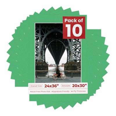 24x36 Mat for 20x30 Photo - Precut Bright Green Picture Matboard for Frames Measuring 24 x 36 Inches - Bevel Cut Matte to Display Art Measuring 20 x 30 Inches - Acid Free Pack of TEN MATS