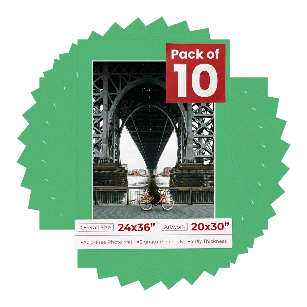 24x36 Mat for 20x30 Photo - Precut Bright Green Picture Matboard for Frames Measuring 24 x 36 Inches - Bevel Cut Matte to Display Art Measuring 20 x 30 Inches - Acid Free Pack of TEN MATS