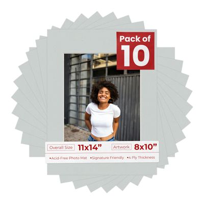 Poster Palooza 11x14 Mat for 8x10 Photo - Precut Grey Picture Matboard for Frames Measuring 11 x 14 Inches - Bevel Cut Matte to Display Art Measuring 8 x 10 Inches - Acid Free Pack of Ten MATS