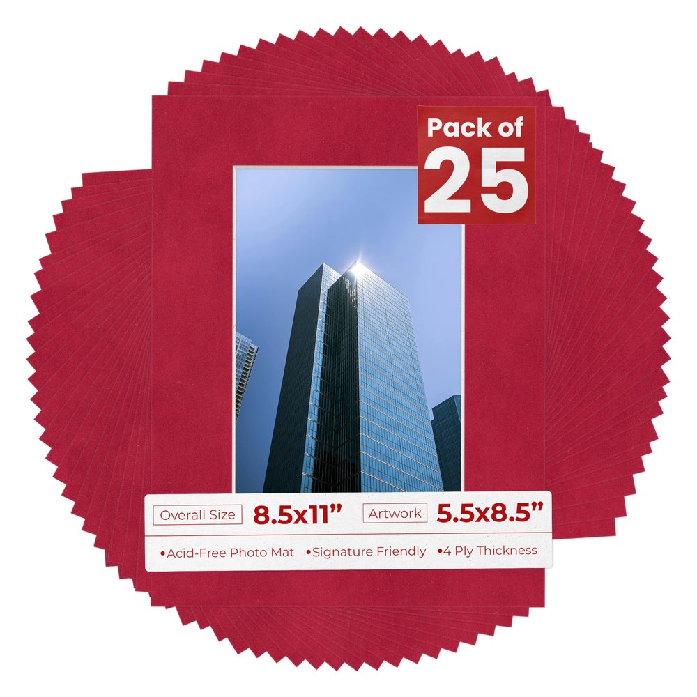 8.5x11 Mat for 5.5x8.5 Photo - Precut Bright Red Suede Picture Matboard for Frames Measuring 8.5 x 11 Inches - Bevel Cut Matte to Display Art Measuring 5.5 x 8.5 Inches - Acid Free Pack of 25 MATS