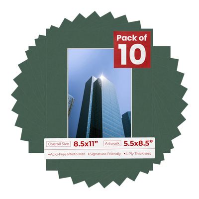 8.5x11 Mat for 5.5x8.5 Photo - Precut Hunter Green Picture Matboard for Frames Measuring 8.5 x 11 Inches - Bevel Cut Matte to Display Art Measuring 5.5 x 8.5 Inches - Acid Free Pack of TEN MATS