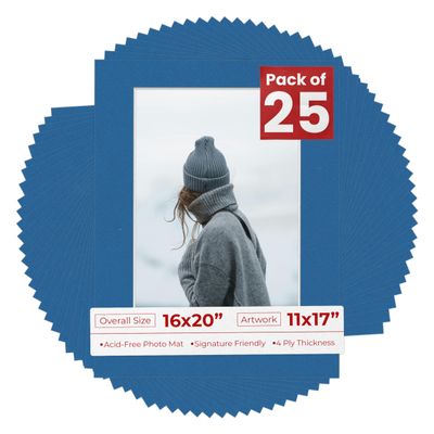 Poster Palooza 16x20 Mat for 11x17 Photo - Precut Royal Blue Picture Matboard for Frames Measuring 16 x 20 Inches - Bevel Cut Matte to Display Art Measuring 11 x 17 Inches - Acid Free Pack of 25 MATS
