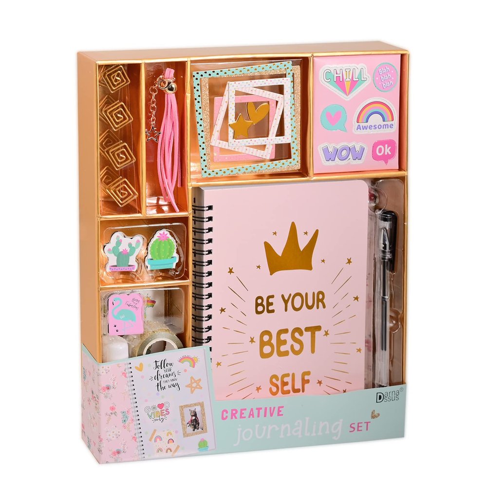 Darnassus DIY Journal Set for Girls Gifts Scrapbook Supplies Complete Kit for Kids Ages 6 and Up, Bullet Journal Notebook, Glue and Tape (Pink)