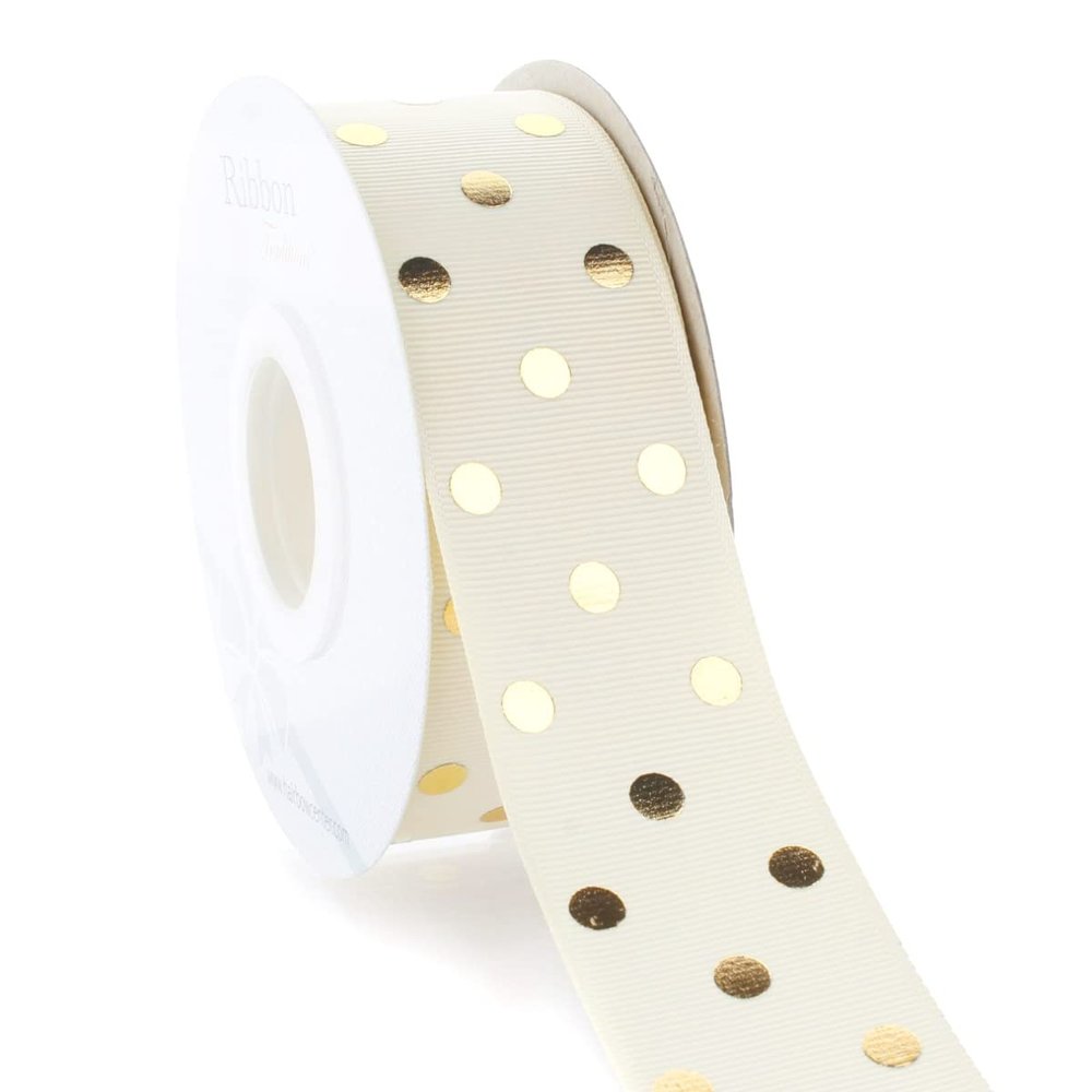 1.5" Ivory/Gold Foil Dots Grosgrain Ribbon 100 Yards