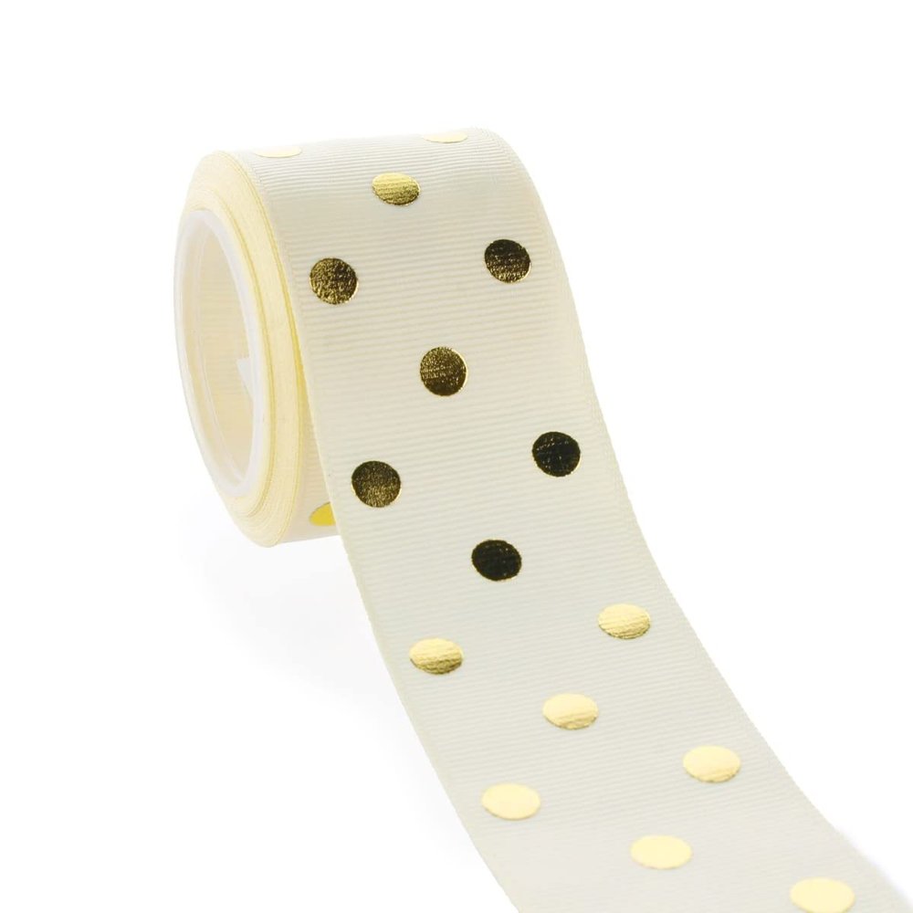 1.5" Ivory/Gold Foil Dots Grosgrain Ribbon 5 Yards