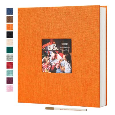 Spbapr Large Photo Album Self Adhesive 60 Pages Linen cover DIY Magnetic Scrapbook album with A Metal Pen Hold 3x5 4x6 5x7 6x8 8x10 Pictures Orange