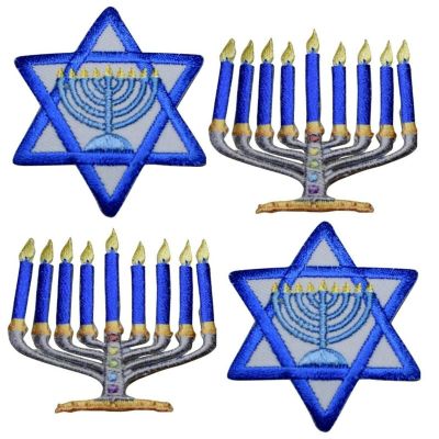Hanukkah Applique Patch Set - Star of David, Menorah, Jewish (4-Pack, Iron On) Embroidered Iron on Patch Sew On for Clothing Applique for Jackets, Hats, Backpacks Repair Patches for Craft
